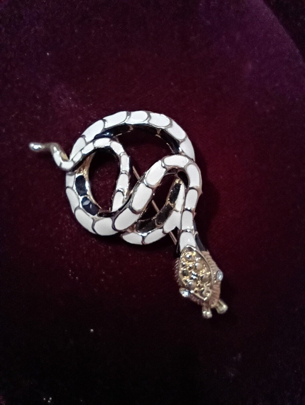 Vintage Coiled Snake White Gold Enamel Brooch  Possibly Ciner Reptile Figural